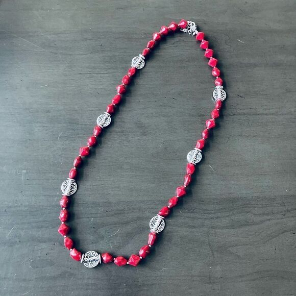 Premier Designs Red Coral Stone Silver Swirl Beaded Necklace - Picture 4 of 5